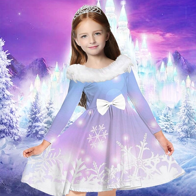 Kids Girls' Dress Snowflake Dress Snowflake Long Sleeve Casual Fur Trim Crewneck Adorable Daily Polyester Above Knee Casual Dress Swing Dress A Line Dress Fall Winter 2-13 Years Silver Multicolor3