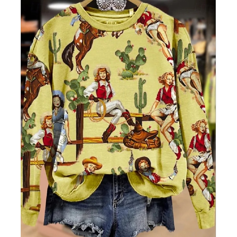 Women's Sweatshirt Vintage Western Ethnic Graphic Geometric Tribal Home Party Casual Round Neck Patchwork Print Long Sleeve Yellow Winter Fall & Winter2