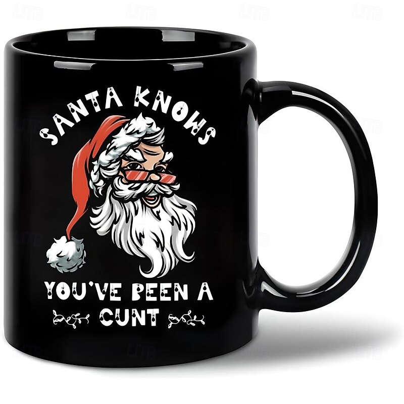Christmas Gift Mug Black Graphic Funny Coffee Mug 330ml/12oz Santa Knows Ceramics Cup Retro Vintage Design