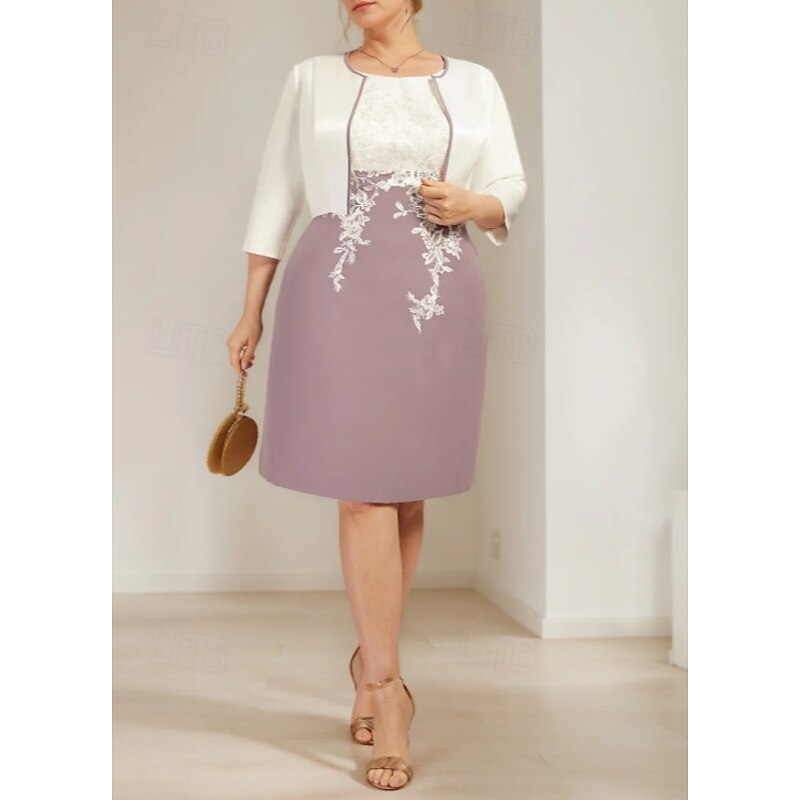 Two Piece Sheath / Column Dress Sets Mother of the Bride Dress Wedding Guest Jewel Neck Knee Length Chiffon Satin Lace 3/4 Length Sleeve Jacket Dresses with Appliques Race Day Dress3