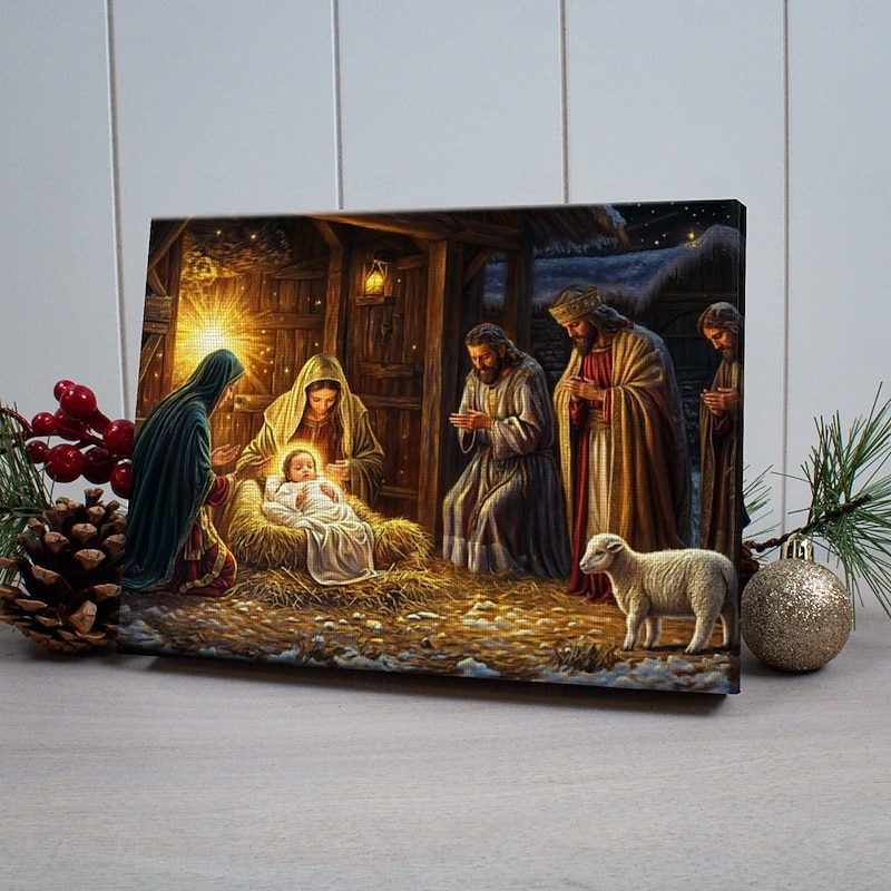 Christmas Nativity Scene LED Canvas Wall Art LED Lighted Up Wall Decor 2AA Battery Operated Lighted Canvas Print LED Light Kitchen Bedroom or Home Decor3
