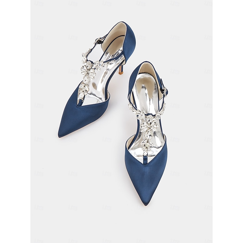 Women's Navy Blue Satin T-Strap Heels – Pointed Toe Cocktail Shoes with Crystal Embellishments for Wedding and Evening Parties3