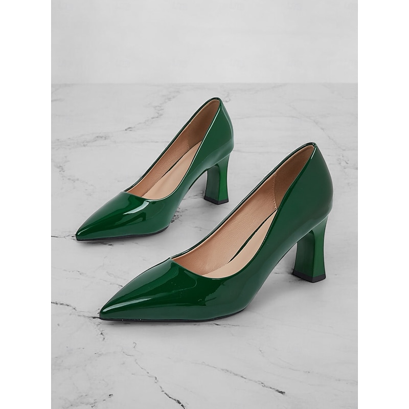 Glossy Green Patent Faux Leather Pointed-Toe Block Heel Pumps – Elegant Formal Shoes for Women