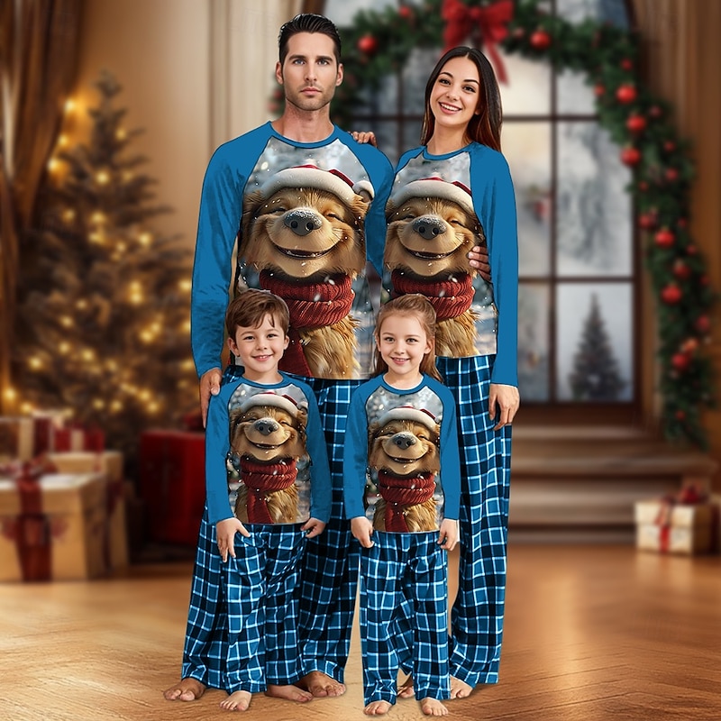 Puppy Family Christmas Pajamas Nightwear Men's Women's Boys' Girls' Family Matching Outfits Sweet Plaid Pattern Adults Kid's Christmas New Year Christmas Eve Christmas Vacation Home Wear Top Pants