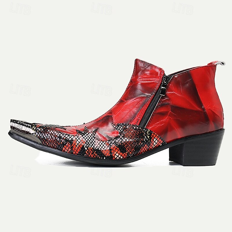 Men's Red Snake Pattern Ankle Boots with Zipper and Metal Toe – Premium Cowhide Leather Fashion Boots for Bold Style4