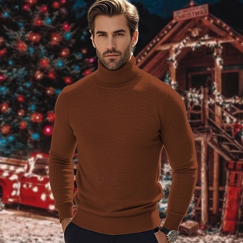 Men's Pullover Sweater Jumper Knit Sweater Ribbed Knit Regular Knitted Plain Turtleneck Fashion Casual Vacation Daily Wear Clothing Apparel Fall & Winter Camel Wine S M L