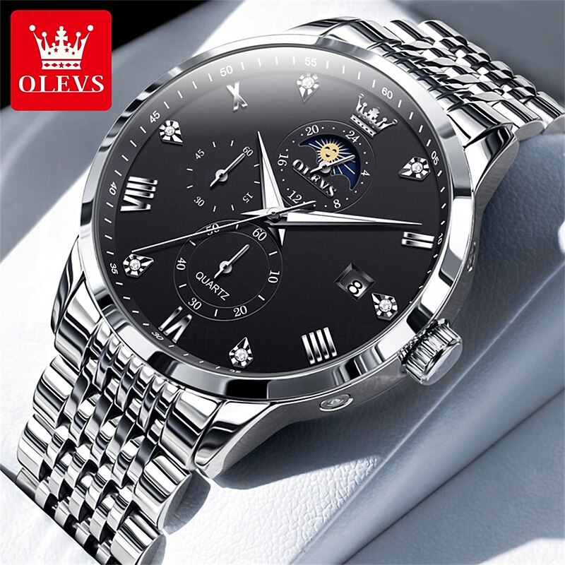 OLEVS Men Quartz Watch Fashion Casual Wristwatch Moon phase Luminous Calendar Waterproof Steel Watch