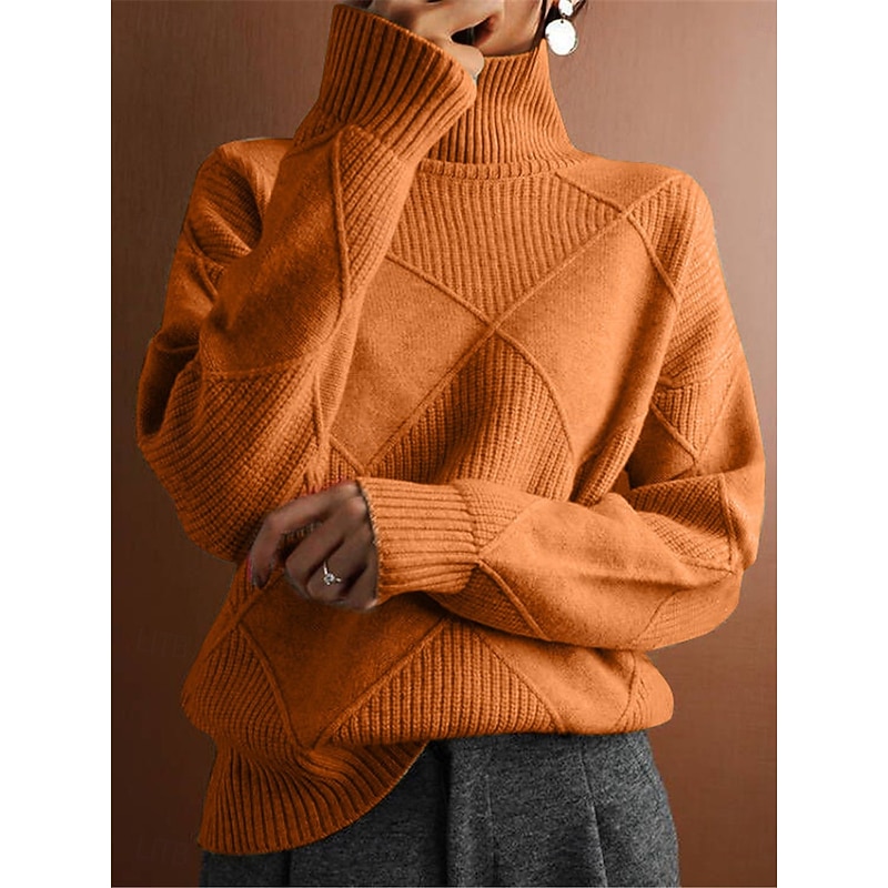 Women's Sweater Casual Soft Pure Color Ribbed Turtleneck Knitted Long Sleeve Regular Tops Knit Outdoor Daily Weekend Fuchsia Orange Fall Winter