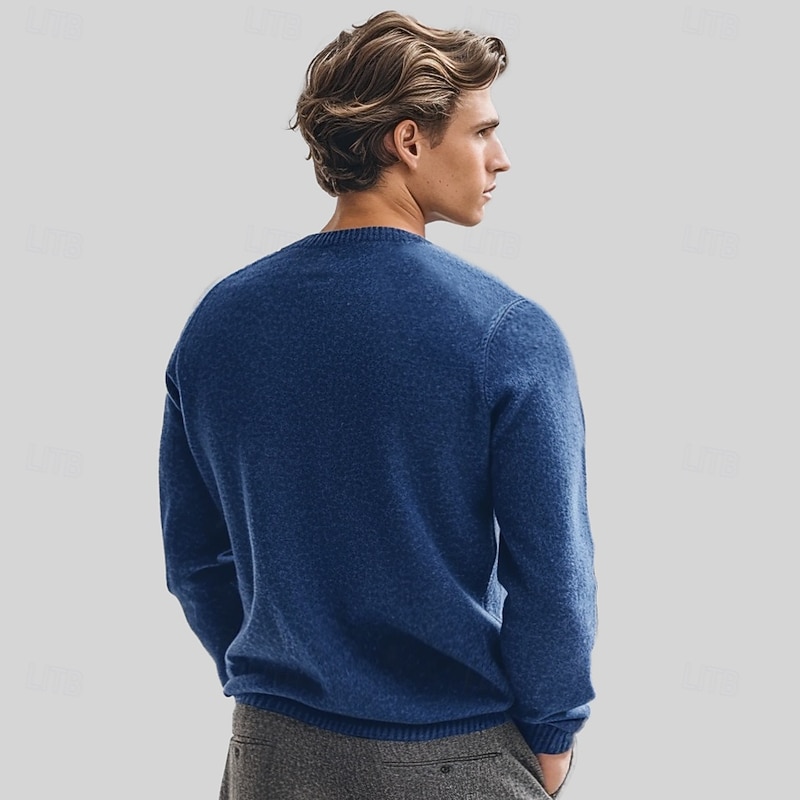 Men's 100% Merino Wool Jacquard Sweater Knit Jacquard Solid Color Crew Neck Knitwear Elegant Christmas Christmas Gifts Clothing Apparel Fall Winter Navy Blue Royal Blue S M L2