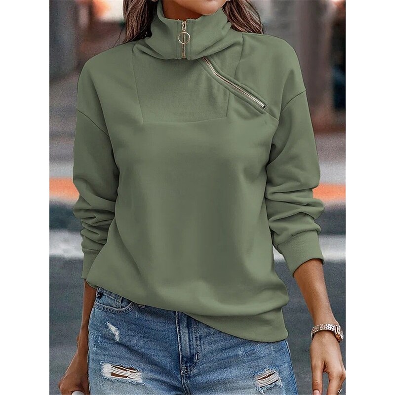Women's Sweatshirt Casual Plain Street Dailywear V Neck Zipper Long Sleeve Green Khaki Gray Fall Winter2