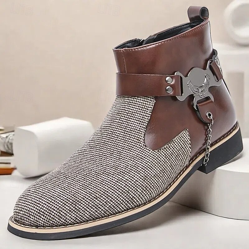 Men's Corduroy and Faux Leather Ankle Boots – Stylish Brown and Blue Design with Metal Eagle Detail, Western Cowboy-Inspired Fashion for Casual and Formal Occasions