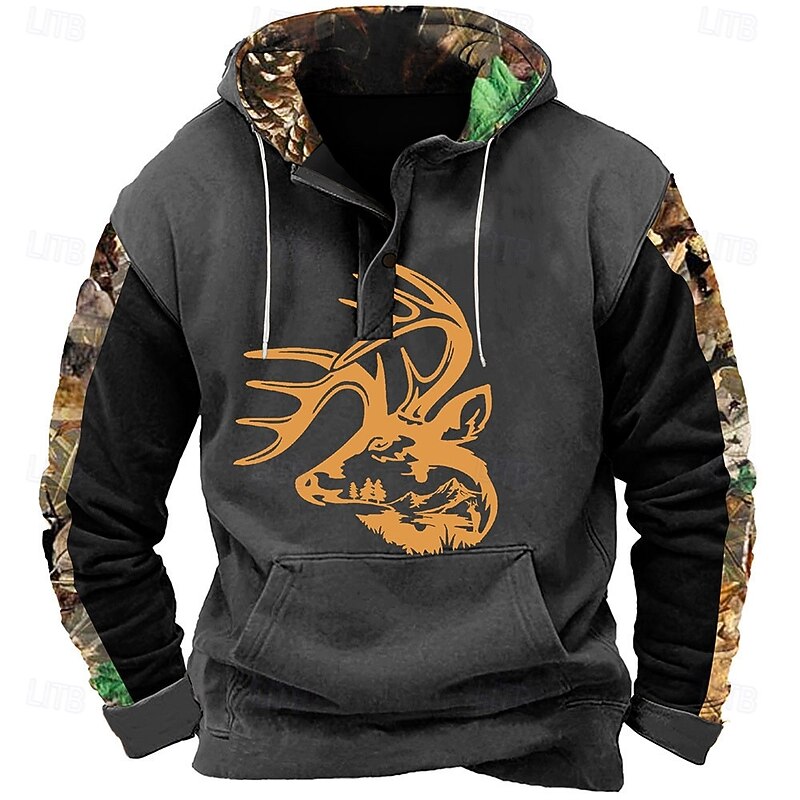 Men's Camo / Camouflage Deer Hoodie Sweatshirt Cowboy Casual Long Sleeve Hooded Sports Outdoor Hunting Black Brown Pocket 3D Print Fall Winter Designer4