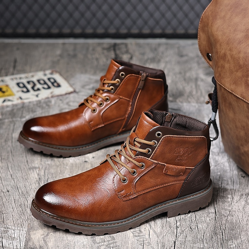 Men's Vintage Brown Faux Leather Ankle Boots – Classic Lace-Up Design with Rugged Sole for Work & Casual Wear4
