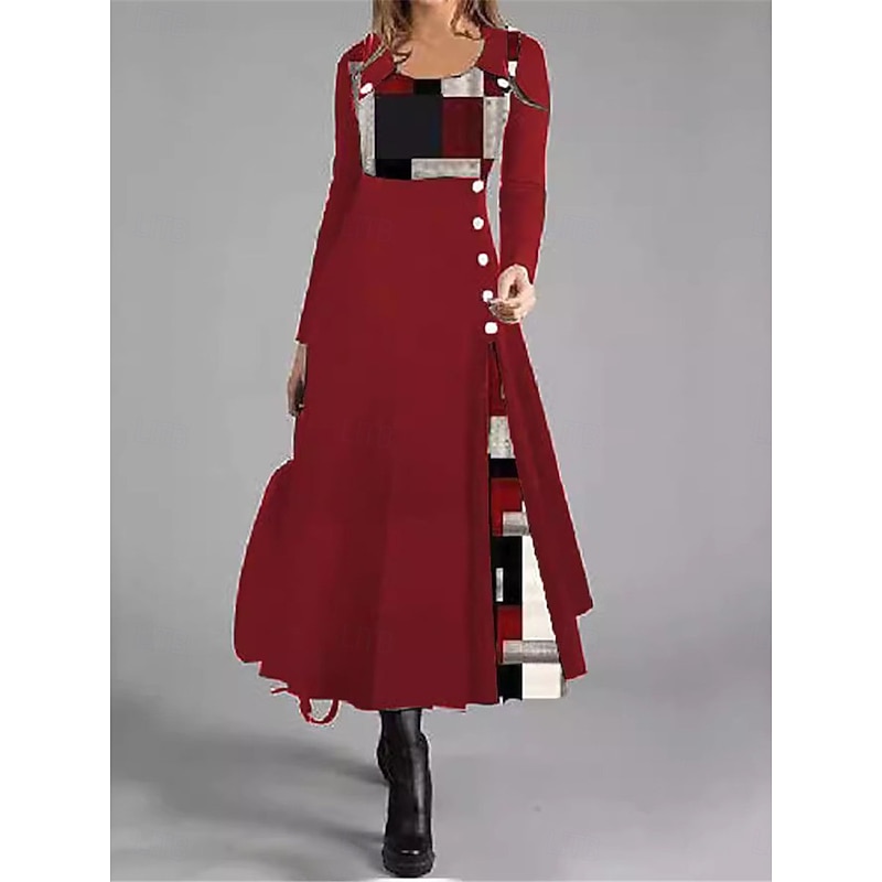 Women's Plaid Crew Neck Maxi Dress Long Sleeve Spring Fall4
