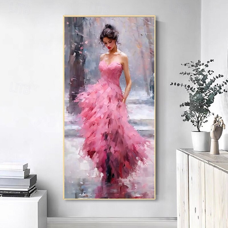 Sexy Woman in Pink Wedding dress Hand-painted Canvas Painting Elegant Fashion Wall Decor for Wedding Gift Trendy Art Gift for Girl's Room Rolled Canvas (No Frame)3