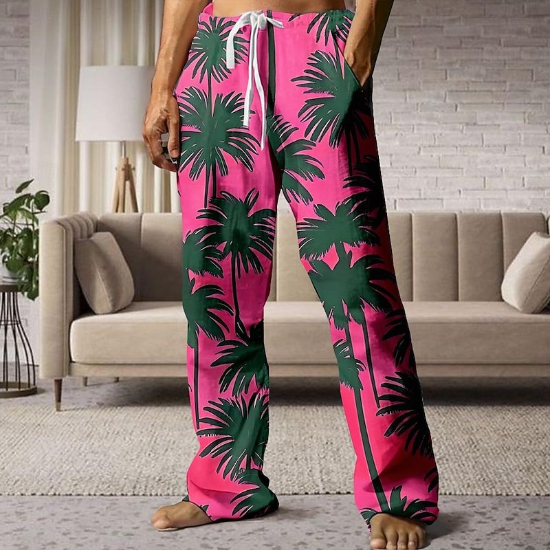 Men's Palm Tree Pants Trousers Mid Waist Drawstring Elastic Waist Hawaiian Casual Outdoor Holiday Beach Wear Straight Leg Trousers Summer Spring Fall 3D Print Yellow Pink Blue3