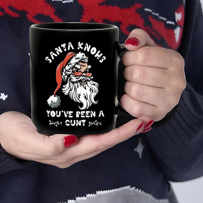 Christmas Gift Mug Black Graphic Funny Coffee Mug 330ml/12oz Santa Knows Ceramics Cup Retro Vintage Design3