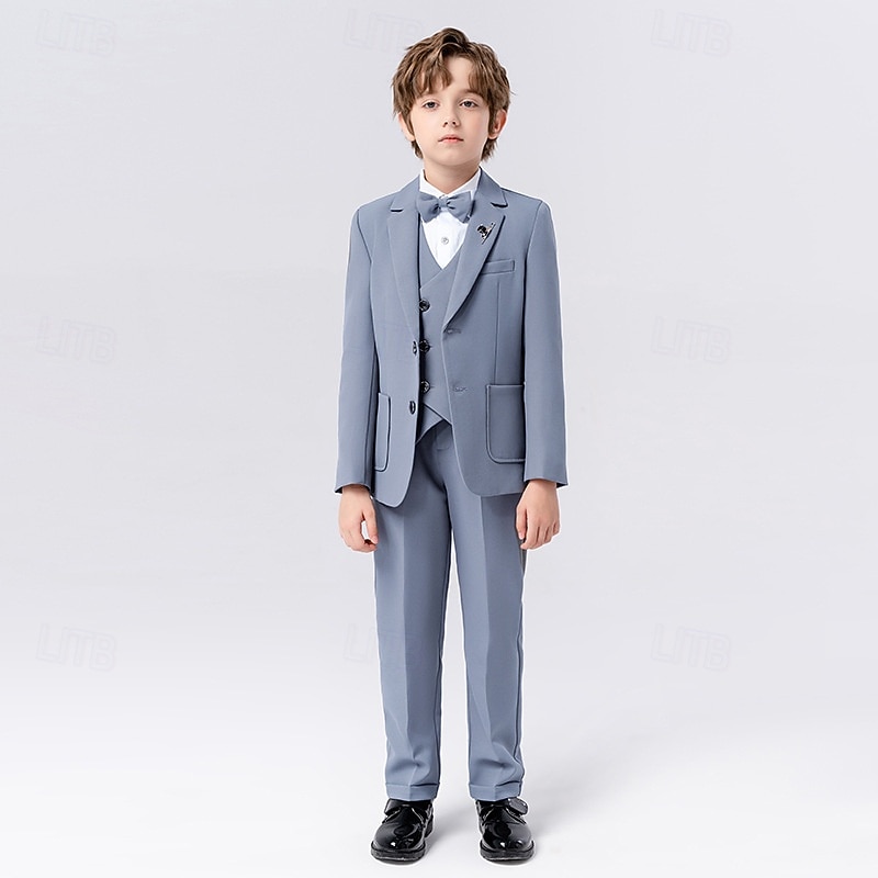 5 Pieces Ring Bearer Suit Boys Kids Suit Formal Suit Blazer & Vest & Pants & Brooch & Tie Formal Party Fashion Cool Solid Color Pocket Blue Beige Gray Polyester