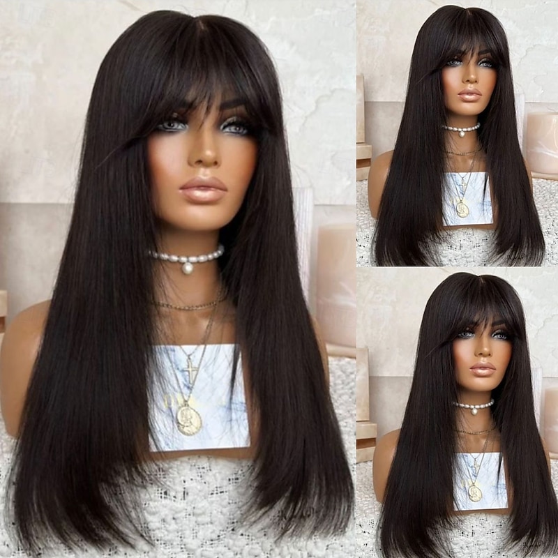Human Hair 13x4 Lace Front Wig With Bangs Brazilian Hair Silky Straight Black Wig 130% 150% Density with Baby Hair 100% Virgin With Bleached Knots Pre-Plucked For Women Long Human Hair Lace Wig