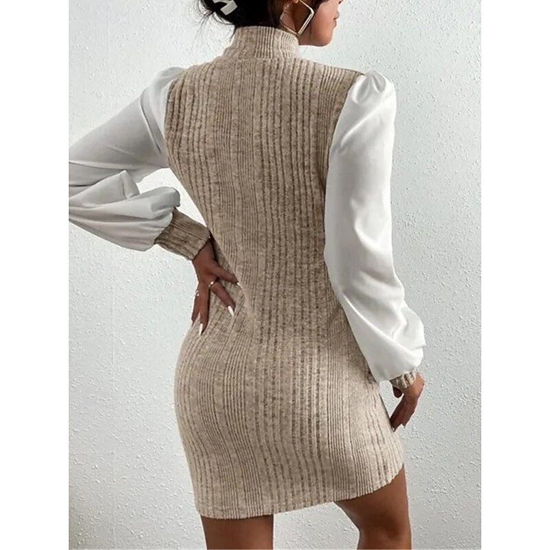 Women's Casual Dress Mini Dress Patchwork Casual Stand Collar Long Sleeve Brown Beige Color3