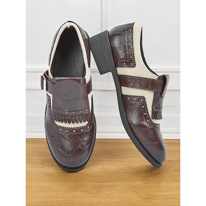 Women's Brown Brogue Oxford Shoes with Fringe, Buckle Strap, and Canvas Accents - Vintage-Style Footwear for Casual and Formal Occasions2