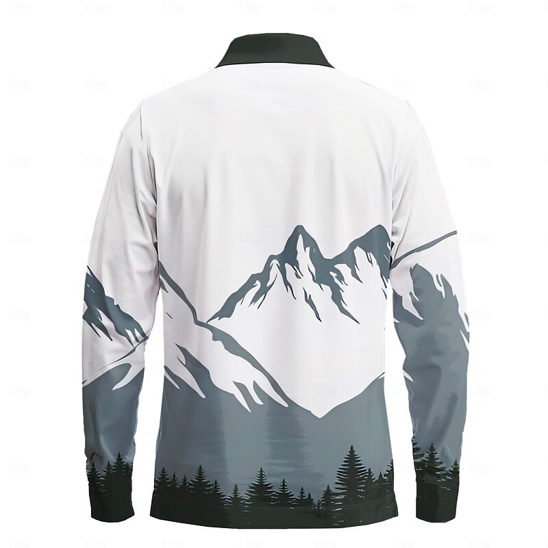Men's Mountain Polo Shirts Golf Shirt Long Sleeve Polo Shirts Collared Shirts Casual Street Dailywear Holiday Buttons 3D Print Spring Fall Winter White2