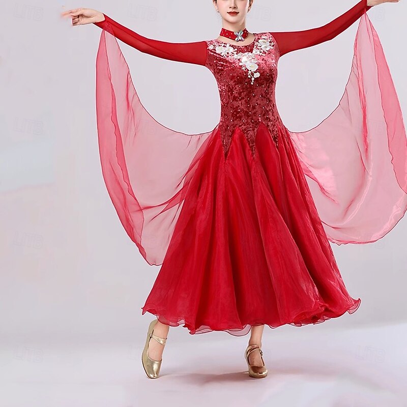 Ballroom Dance Dress Splicing Crystals / Rhinestones Women's Performance Party Long Sleeve Organza Velvet3