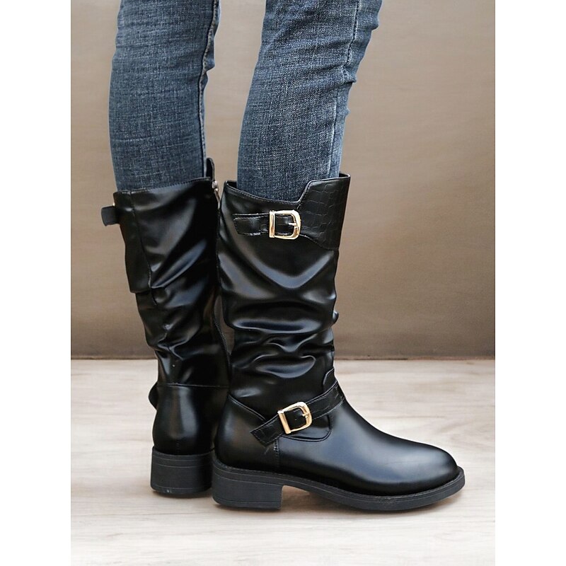 Women's Black Mid-Calf Slouchy Boots with Croc-Embossed Detail and Gold Buckle Accents – Casual and Stylish Design 11