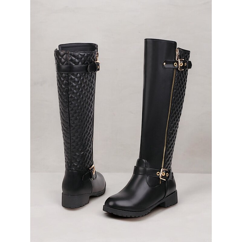 Women's Black Riding Knee-High Boots with Quilted Back and Gold Zipper – Stylish Equestrian-Inspired Winter Footwear2