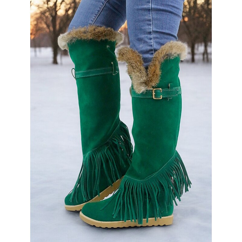 Women's Green Suede Moccasin Winter Boots with Fur Lining and Fringe Detail – Cozy Knee-High Snow Boots for Cold Weather2