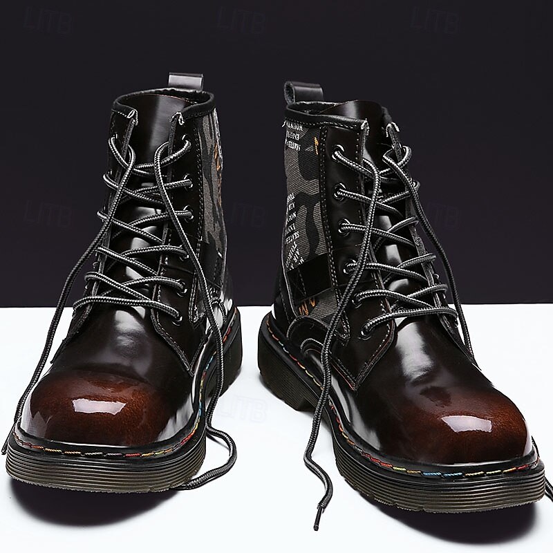 Men's Patent Faux Leather Combat Boots - Military-Style Lace-Up Design with Camouflage Details, Rugged Sole for Outdoor and Casual Wear2