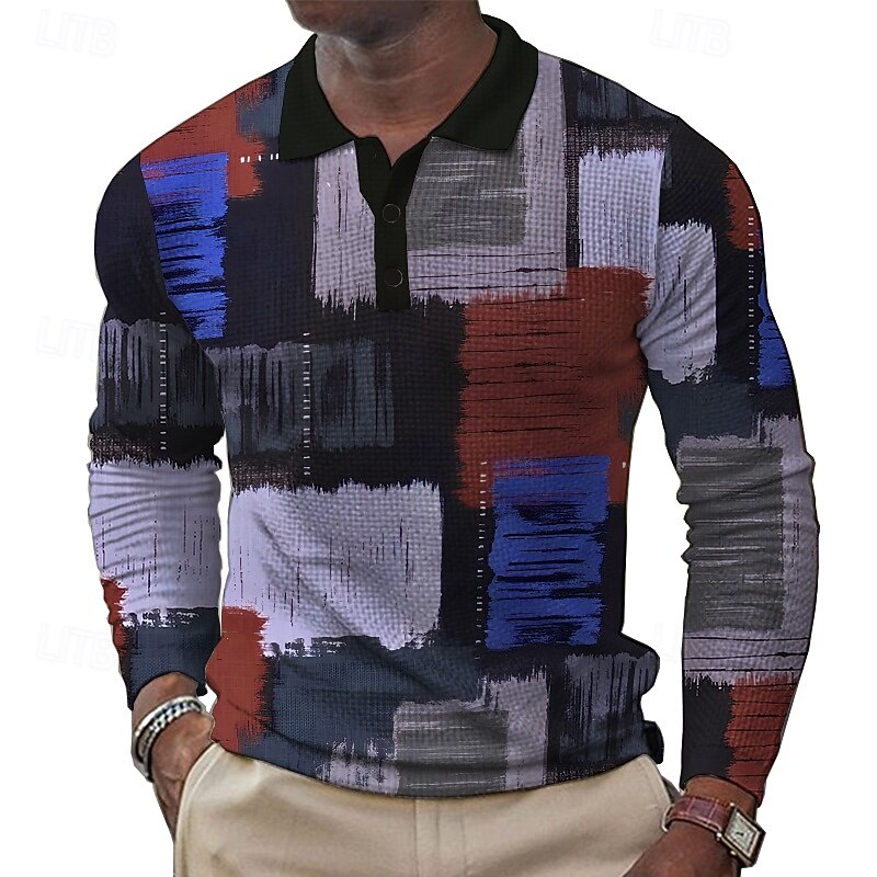 Men's Patchwork Waffle Polo Shirts Golf Shirt Long Sleeve Polo Shirts Collared Shirts Casual Formal Outdoor Dailywear Buttons 3D Print Spring Fall Winter Yellow Blue Purple3
