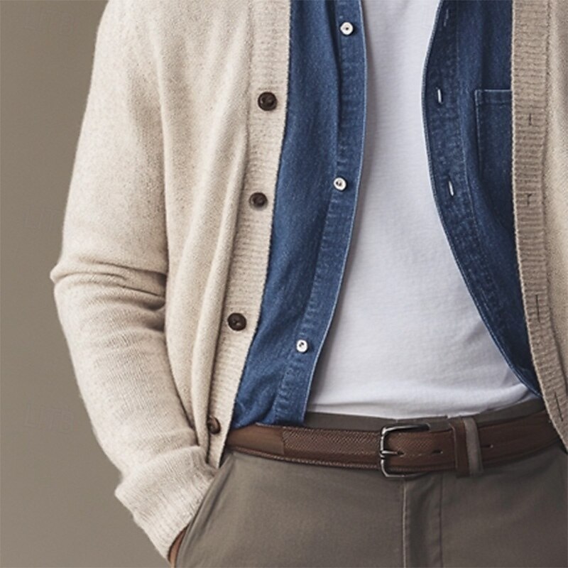 Men's Cardigan Sweater Cropped  Sweater Knit Sweater Ribbed Knit Regular Button Up Pocket Solid Color V Neck Fashion Classic Daily Wear Date Clothing Apparel Fall & Winter Black White S M L3