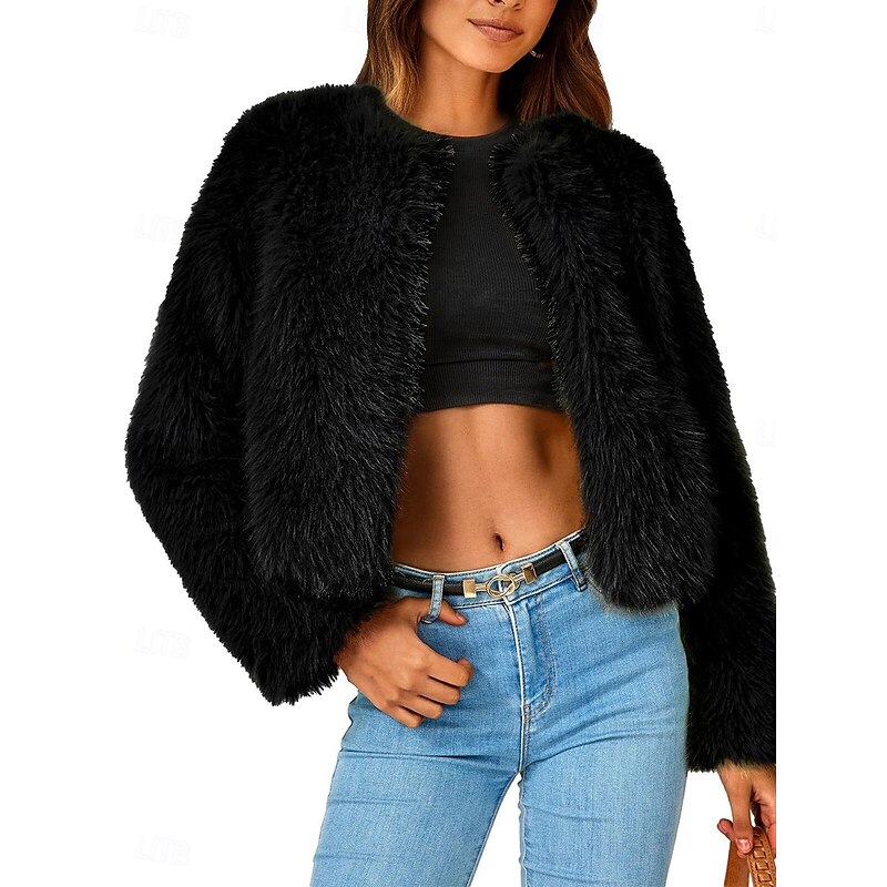 Women's Winter Coat Warm Breathable Patchwork Elegant Fashion Solid Color Party Cardigan Crewneck Regular Fit Long Sleeve Outerwear Black White Khaki Fall Winter4