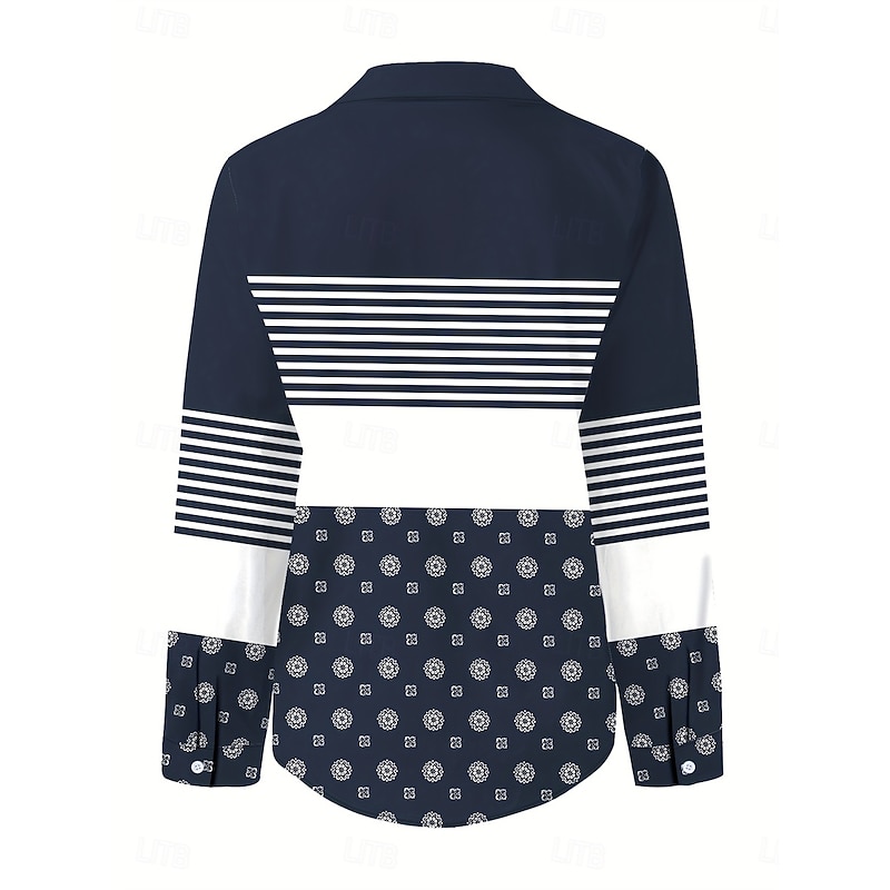 Women's Shirt Button Down Tunic Shirt Collar Long Sleeve Geometric Striped Casual Regular Tops Work Daily s Print Navy Blue Spring Fall Winter2