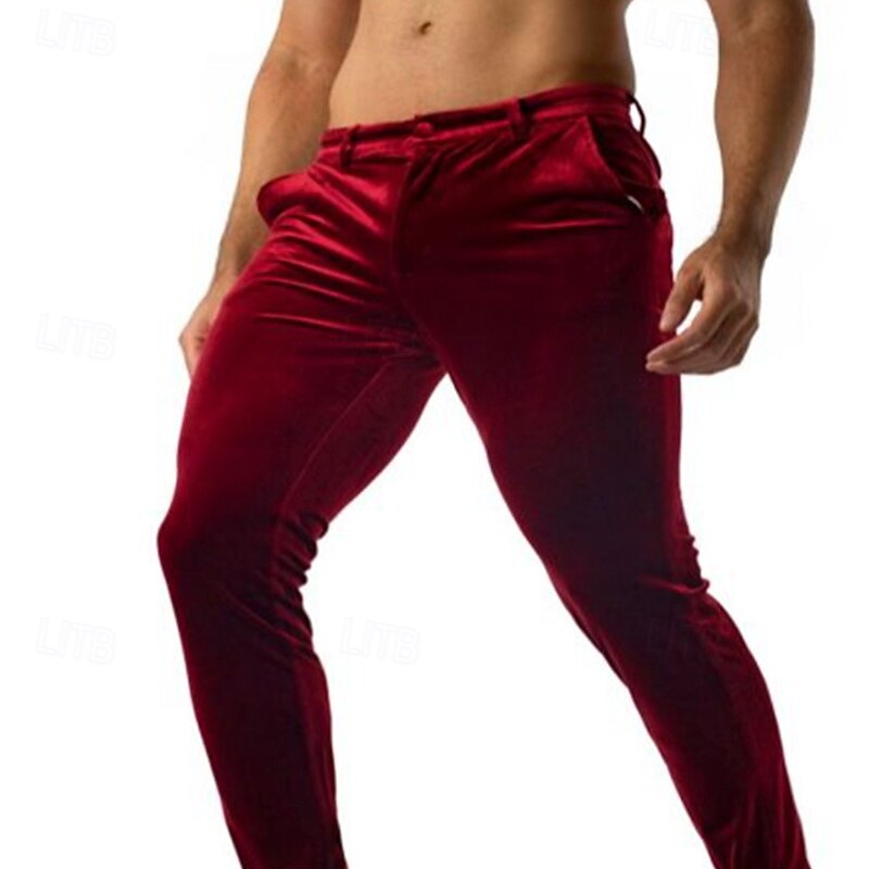 Men's Dress Pants Skinny Trousers Casual Pants Velvet Pants Pocket Plain Comfort Soft Full Length Party Outdoor Daily Fashion Streetwear Black Red Micro-elastic3