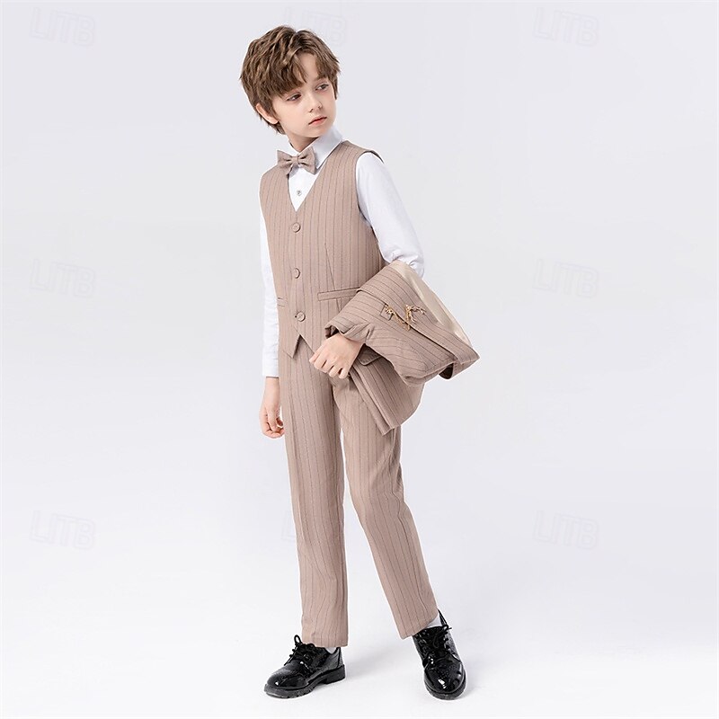 5 Pieces Ring Bearer Suit Boys Kids Suit Formal Suit Blazer & Vest & Pants & Brooch & Tie Formal Party Valentines Fashion Cool Stripe Pocket Khaki Dark Gray Polyester
