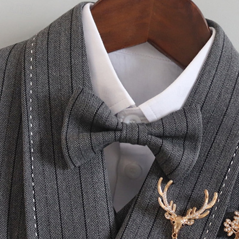 5 Pieces Ring Bearer Suit Boys Kids Suit Formal Suit Blazer & Vest & Pants & Brooch & Tie Formal Party Valentines Fashion Cool Solid Color Pocket Khaki Gray Polyester3