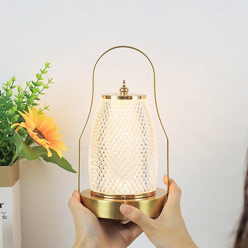 Portable Cordless Table Lantern Lamp, USB Rechargeable Beside Lamp, 3-Color Dimming Beside Table Lamps Waterproof Outdoor LED for Garden, Patio, Camping, Bar (Gold)