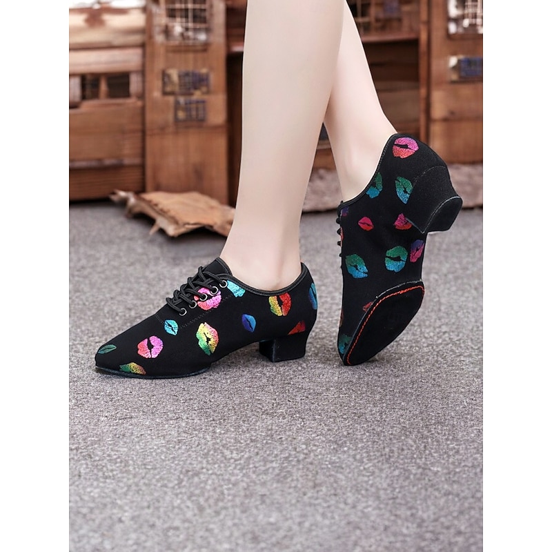 Women's Latin Dance Shoes with Multicolor Lip Print | Lace-Up Low Heel Jazz Ballroom Shoes