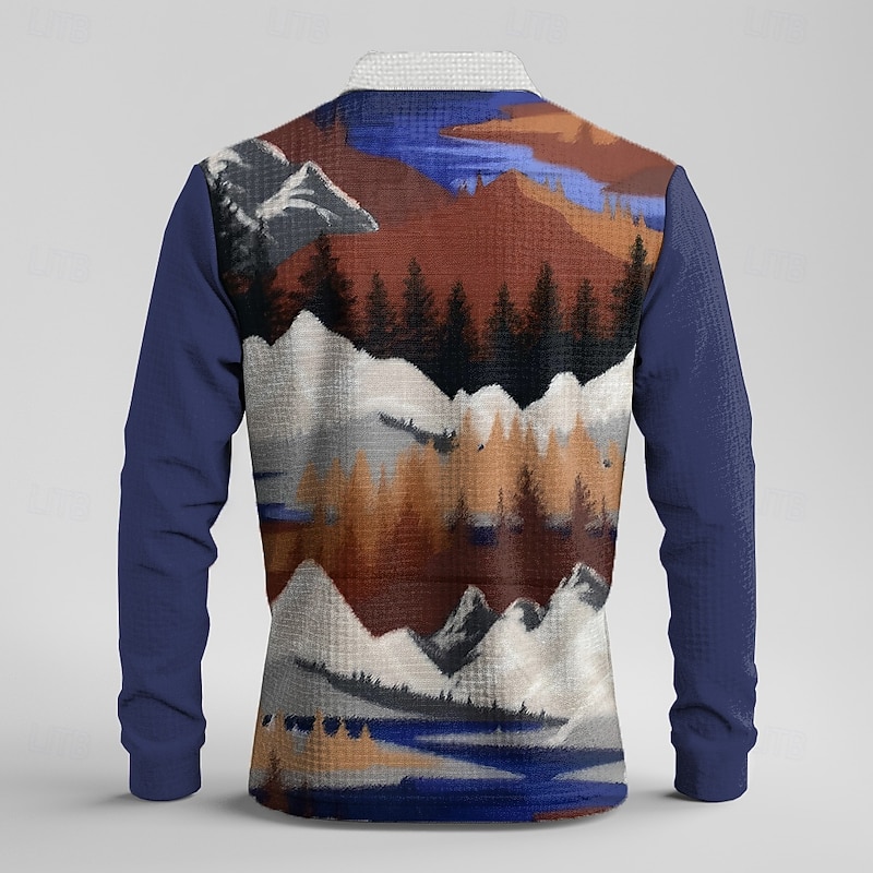 Men's Scenery Waffle Polo Shirts Golf Shirt Long Sleeve Polo Shirts Collared Shirts Vintage Casual Outdoor Home Dailywear Buttons 3D Print Spring Fall Winter Blue2