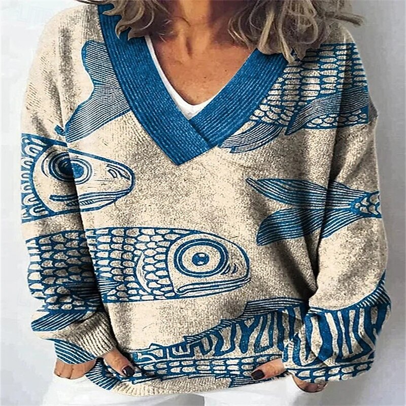 Women's Blouse Color Block Print Casual Long Sleeve V Neck Regular Tops Daily Print Red Blue Green Light Blue Winter3
