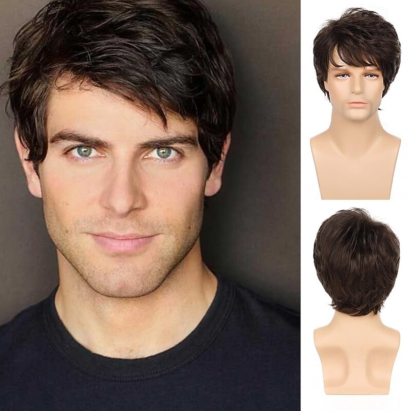 Mens Short Brown Wig Short Layered Wig Natural Fluffy Synthetic Cosplay Costume Wig for Men