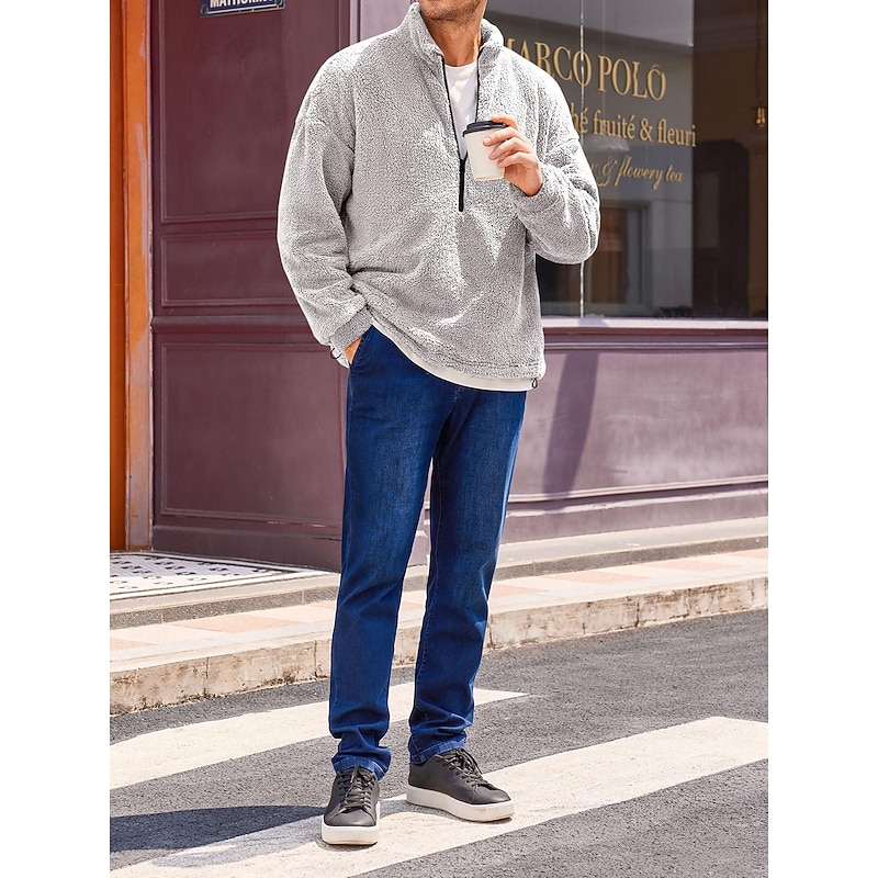 Men's Hoodie Fuzzy Sherpa Quarter Zip Hoodie Black Navy Blue Green Khaki Gray Hooded Plain Pocket Sports & Outdoor Daily Holiday Streetwear Cool Casual Spring &  Fall Clothing Apparel Hoodies3