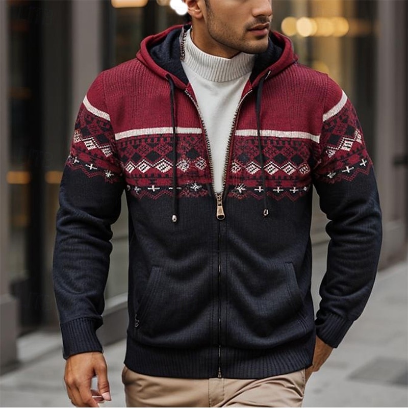 Men's Ugly Christmas Sweater Cardigan Fair Isle Sweater Zip Sweater Chunky Knit Regular Tops Zipper Pocket Jacquard Hoodie Knitwear Elegant Christmas Home Clothing Apparel Bishop Sleeve Fall Winter