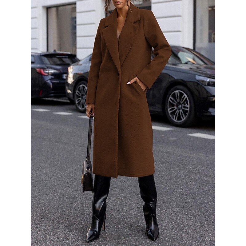 Women's Coat Warm Comfortable Buttons Pocket Elegant Solid Color Casual Daily Single Breasted Long Lapel Regular Fit Long Sleeve Outerwear Black White Red Winter3
