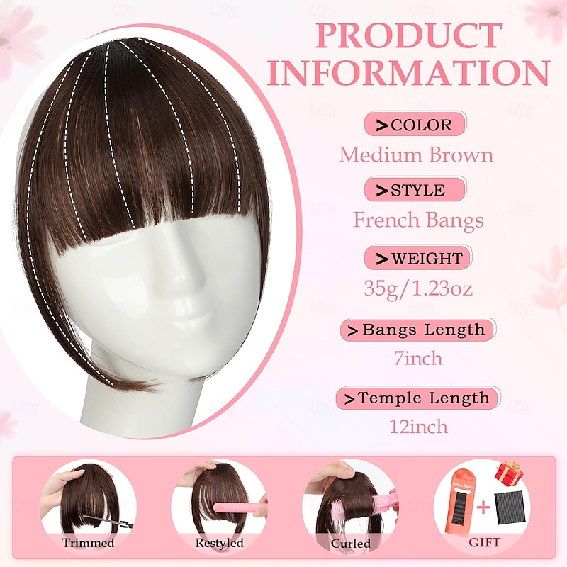 Bangs Hair Clip in Bangs, Fake Bangs Hair Clip French Bangs Hair Clip on Bangs For Women Clip Faux Bangs Fringe With Temples Hairpieces Curved Bangs For Daily Wear4