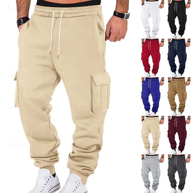 Men's Fleece Pants Sweatpants Joggers Trousers Cargo Sweatpants Pocket Drawstring Elastic Waist Plain Comfort Warm Sports Outdoor Daily Fashion Casual Black White Micro-elastic