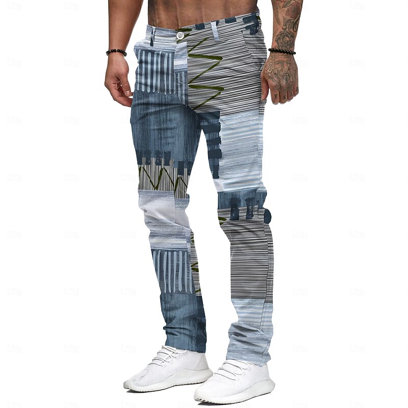 Men's Color Block Patchwork Jeans Dress Pants Mid Waist Business Casual Formal Outdoor Home Zipper Pocket Summer Spring Fall 3D Print Blue2
