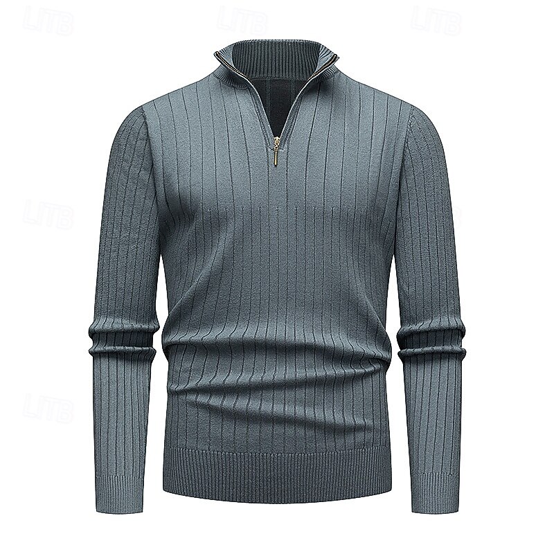 Men's Pullover Sweater Jumper Ribbed Knit Regular Knitted Slim Fit Plain Quarter Zip Modern Contemporary Work Daily Wear Clothing Apparel Winter Black Navy Blue M L XL3
